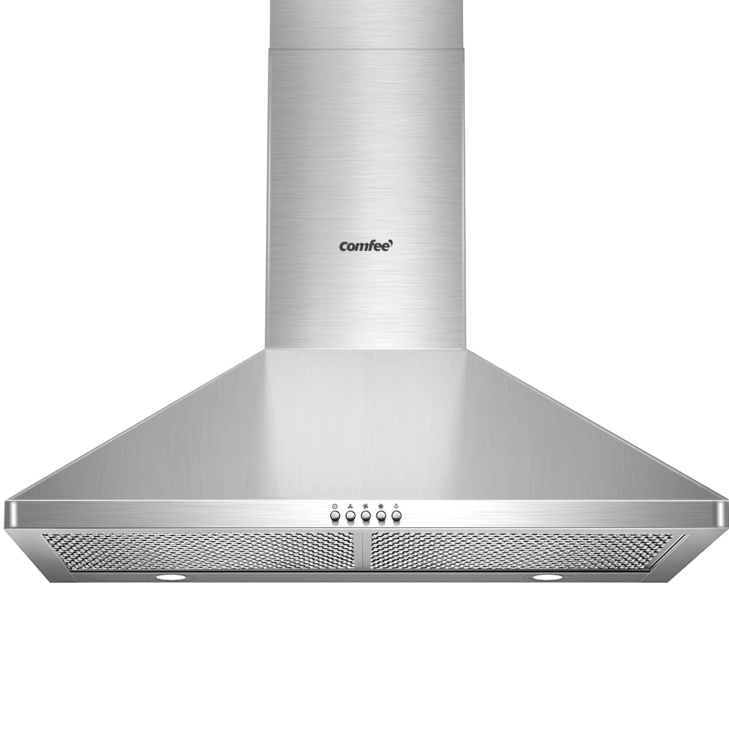 Comfee Ducted Pyramid Range 450 CFM Stainless Steel Wall Mount Vent Hood with 3 Speed Exhaust Fan, 5-Layer Aluminum Permanent Filters, Two LED Lights, Convertible to Ductless, 30 inches