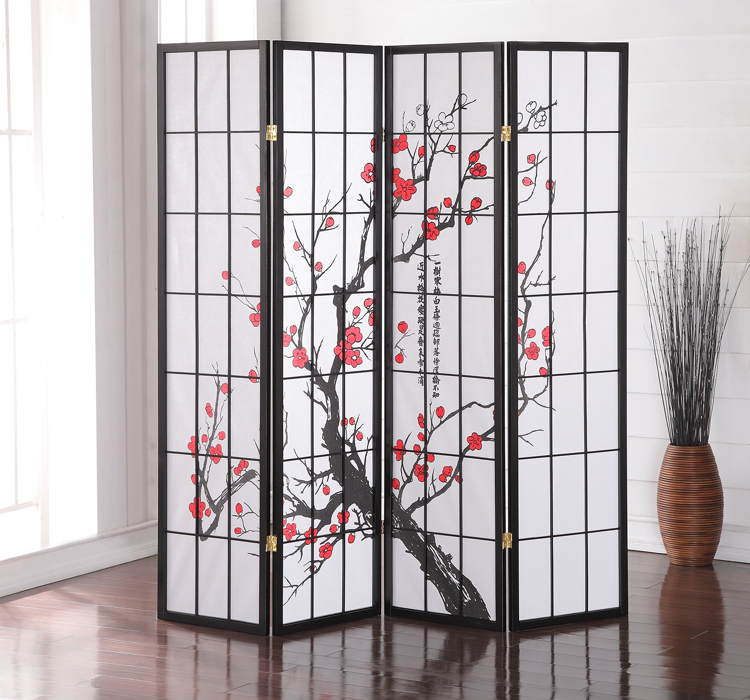 Roundhill Furniture Black Japanese 4-Panel Screen Room ...