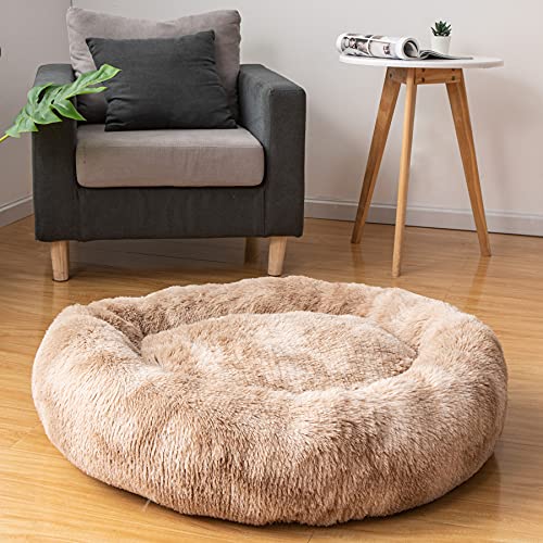 Coohom Oval Calming Donut Cuddler Dog Bed,Shag Faux Fur Cat Bed Washable Round Pillow Pet Bed(30