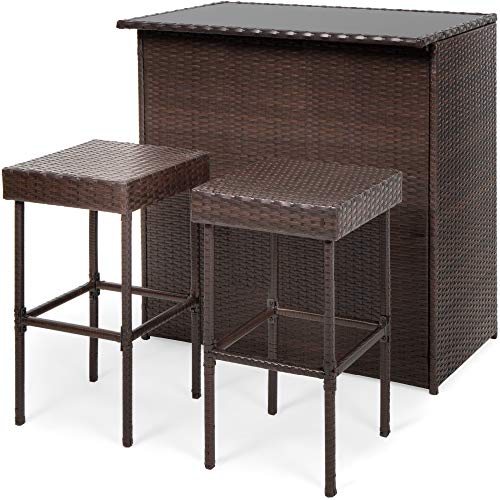 Best Choice Products 3-Piece All-Weather Wicker Bar Table Set for Patio, Backyard w/ 2 Stools, Glass Tabletop - Brown