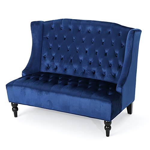 Christopher Knight Home Leora Traditional Tufted Velvet Wingback Loveseat, Navy Blue / Dark Brown