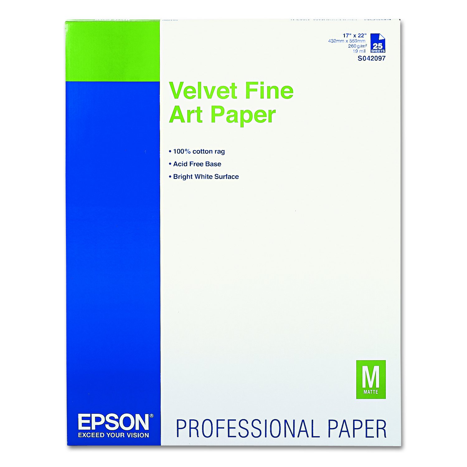 Epson S042097 Velvet Fine Art Paper, 17 x 22, White (Pack of 25 Sheets)