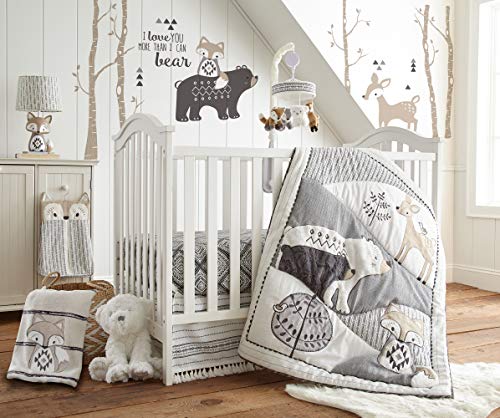 Levtex Baby - Bailey Crib Bed Set - Baby Nursery Set - Charcoal, Taupe, White - Neutral Forest Theme - 5 Piece Set Includes Quilt, Fitted Sheet, Diaper Stacker, Wall Decal & Skirt/Dust Ruffle